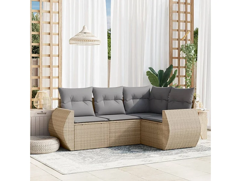 Set Divano da Giardino 4 pz con Cuscini Beige in Polyrattan