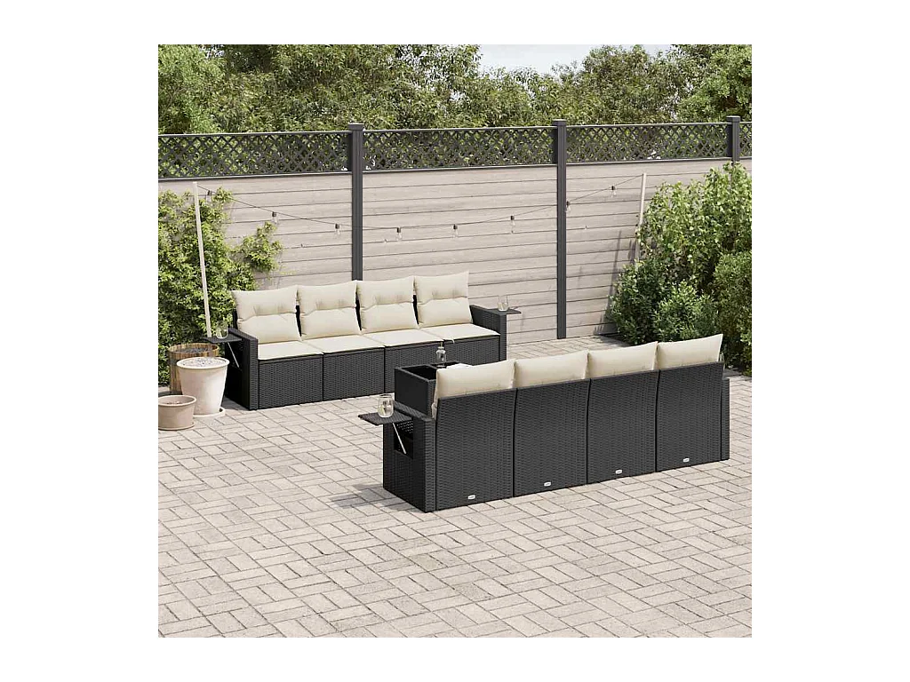 Salon de jardin 9 pcs avec coussins noir résine tressée