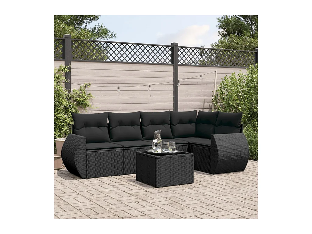 6-delige Loungeset met kussens poly rattan zwart