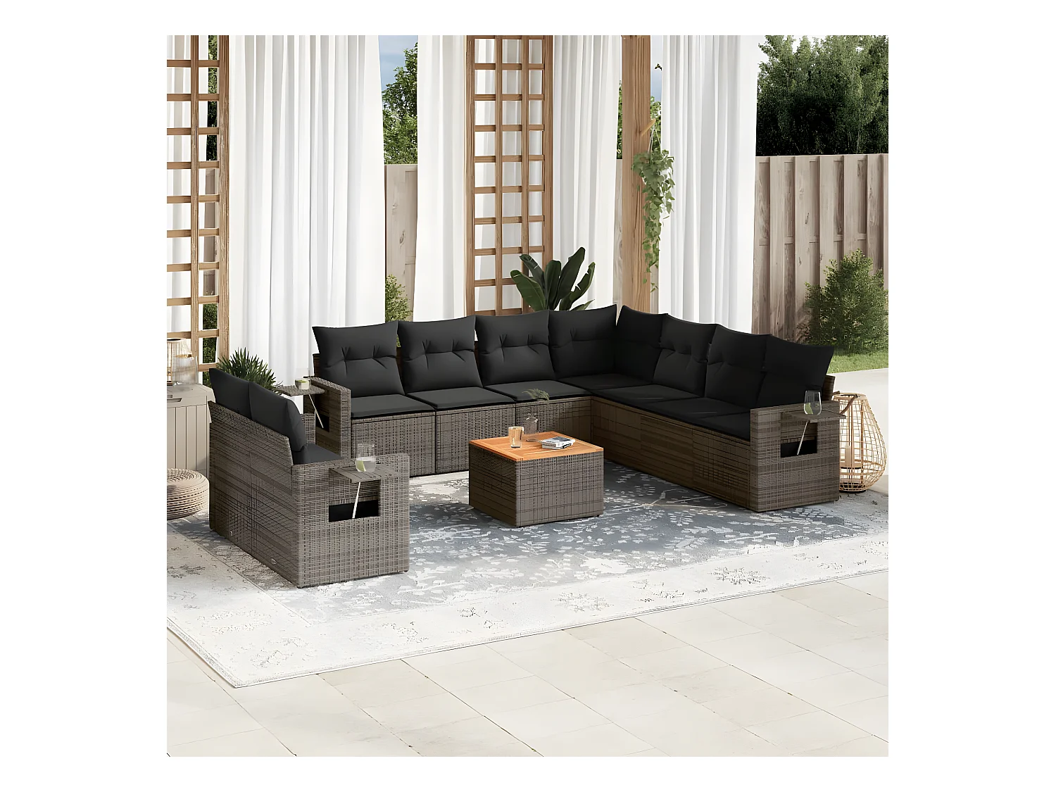 10-delige Loungeset met kussens poly rattan grijs