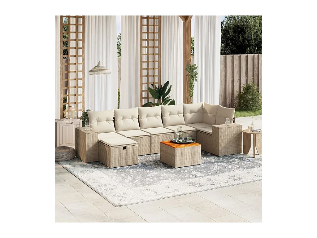 Salon de jardin avec coussins 8 pcs beige résine tressée
