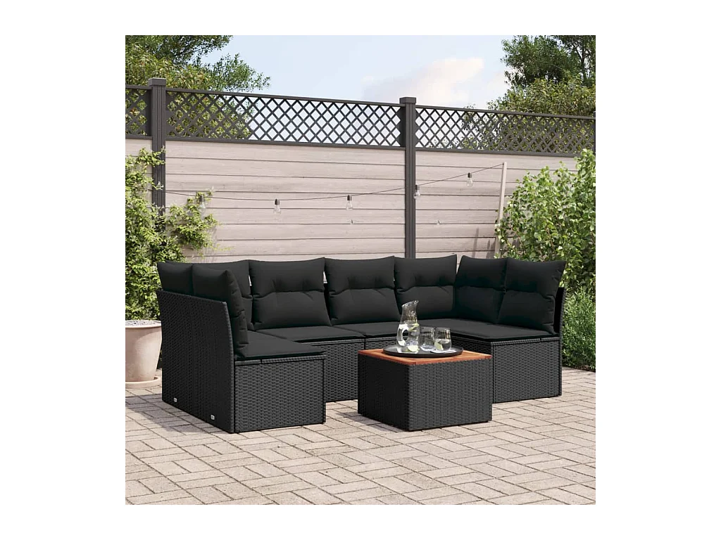 Salon de jardin 7 pcs avec coussins noir résine tressée