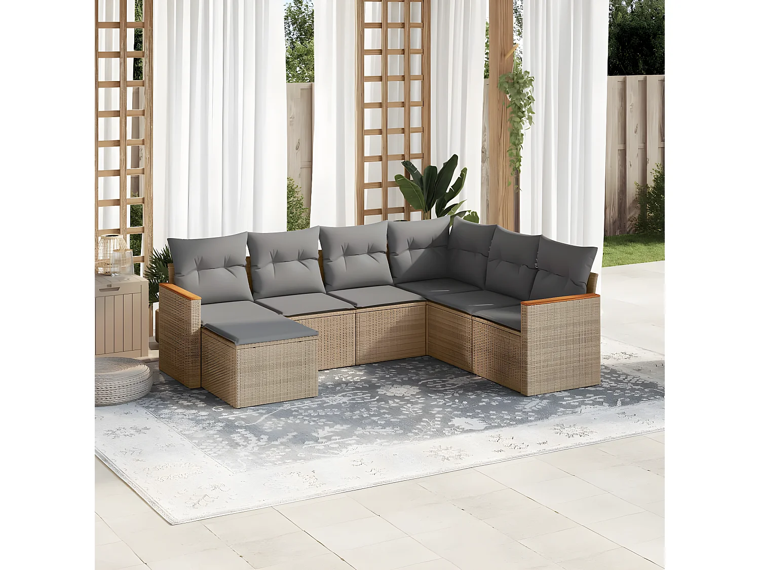 Set Divani da Giardino 7 pz con Cuscini Beige in Polyrattan