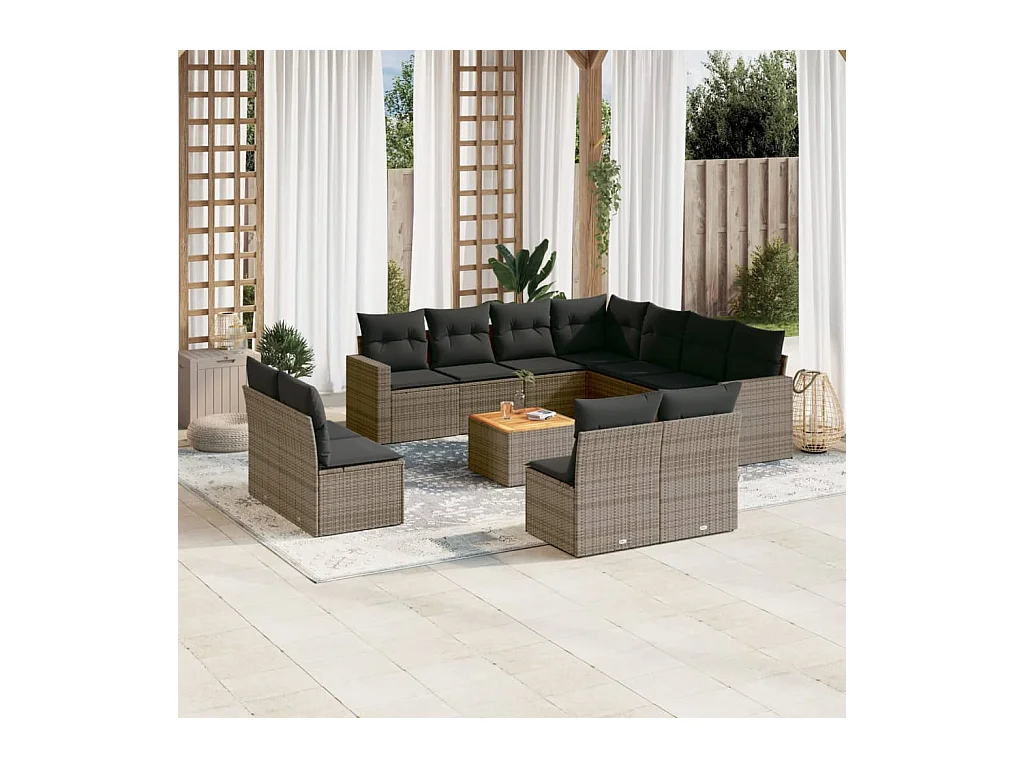 12-delige Loungeset met kussens poly rattan grijs