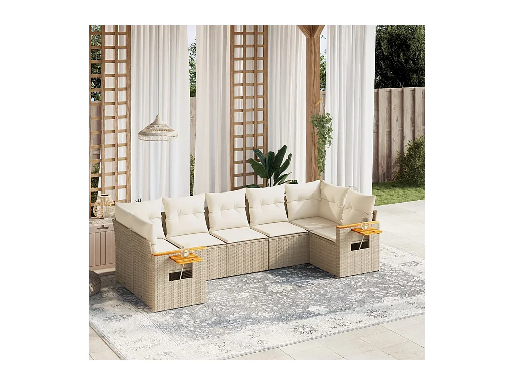 7-delige Loungeset met kussens poly rattan beige
