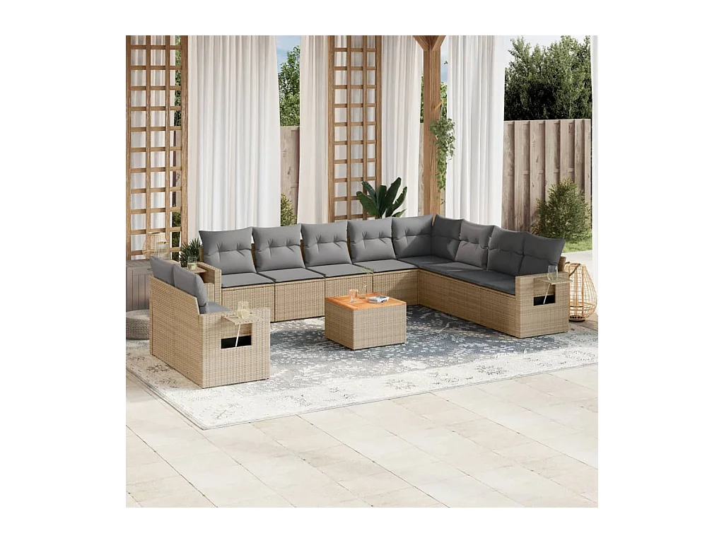 Salon de jardin et coussins 11 pcs mélange beige résine tressée