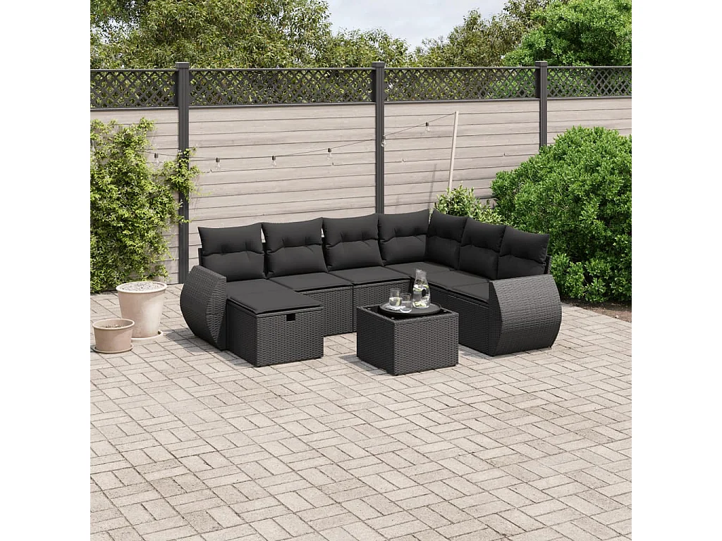 Salon de jardin 8 pcs avec coussins noir résine tressée