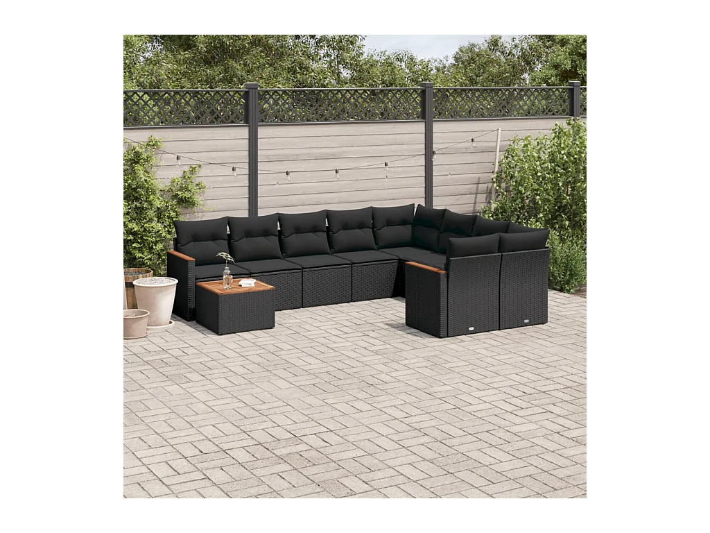 Salon de jardin 10 pcs avec coussins noir résine tressée