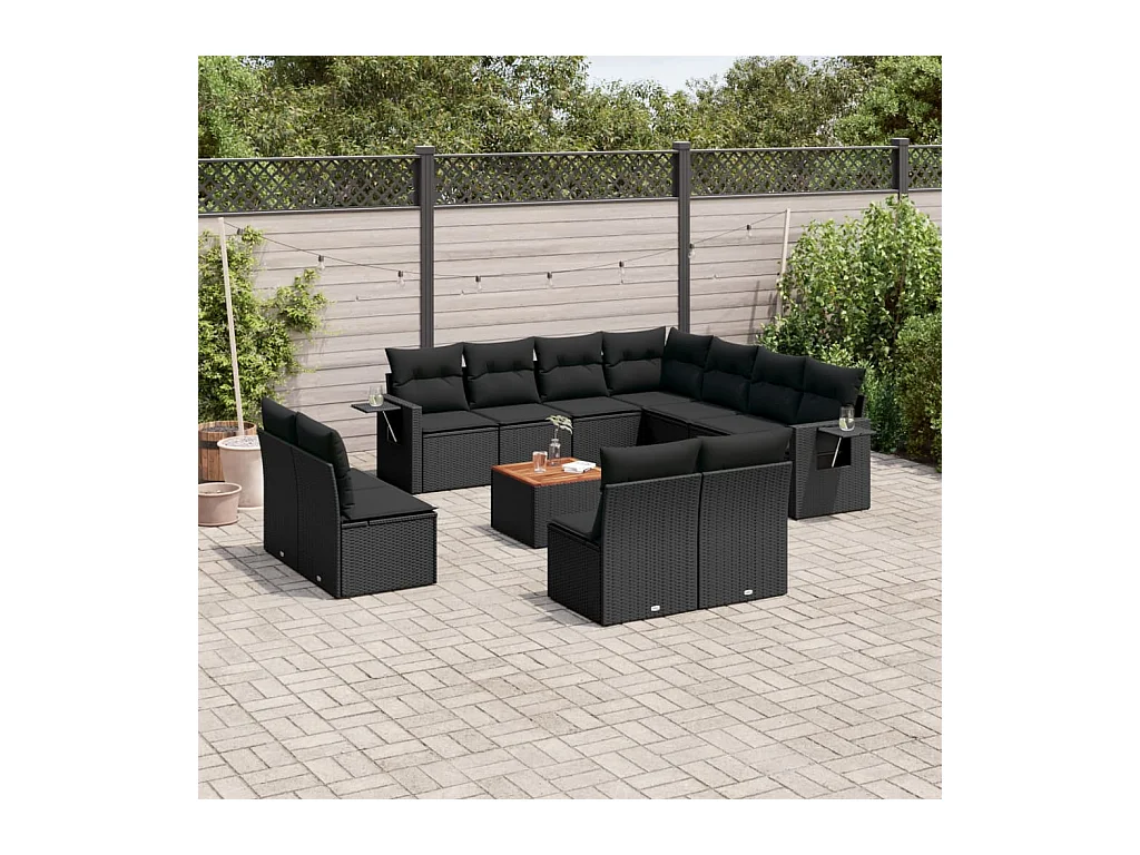 Salon de jardin 12 pcs avec coussins noir résine tressée