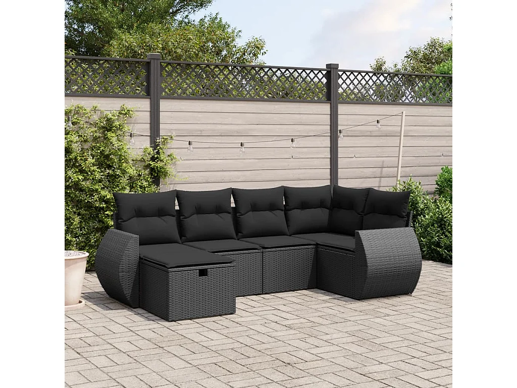 Salon de jardin 6 pcs avec coussins noir résine tressée