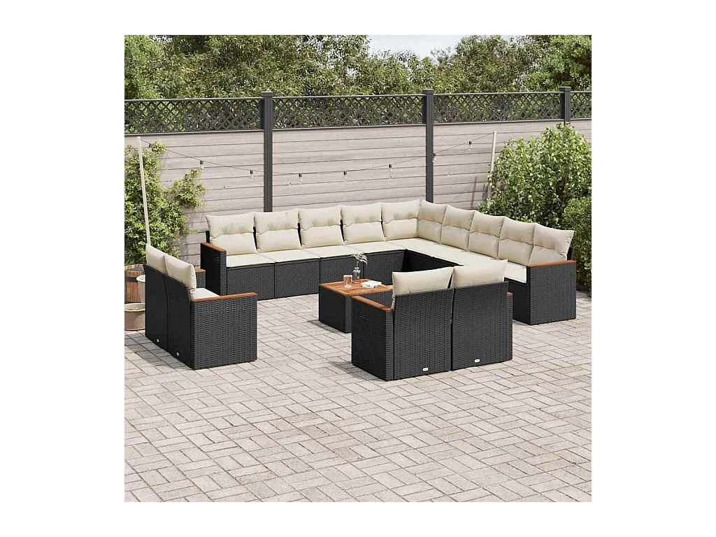Salon de jardin avec coussins 14 pcs noir résine tressée