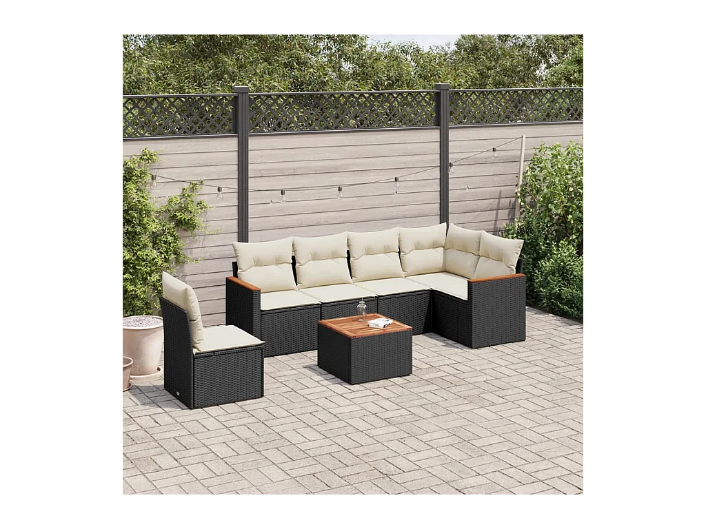 Salon de jardin 7 pcs avec coussins noir résine tressée