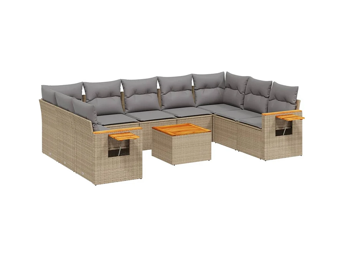 10-tlg. Garten-Sofagarnitur mit Kissen Beige Poly Rattan
