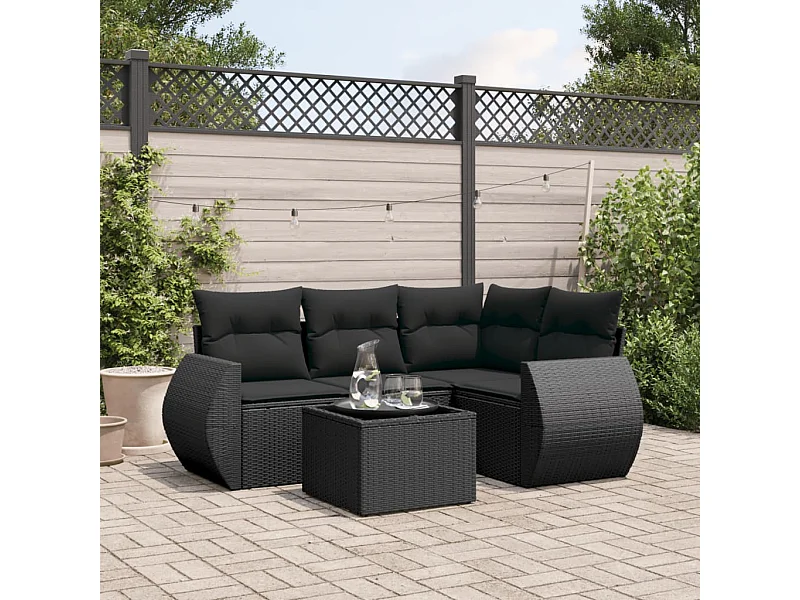 5-tlg. Garten-Sofagarnitur mit Kissen Schwarz Poly Rattan