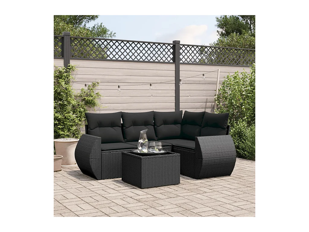 Salon de jardin 5 pcs avec coussins noir résine tressée