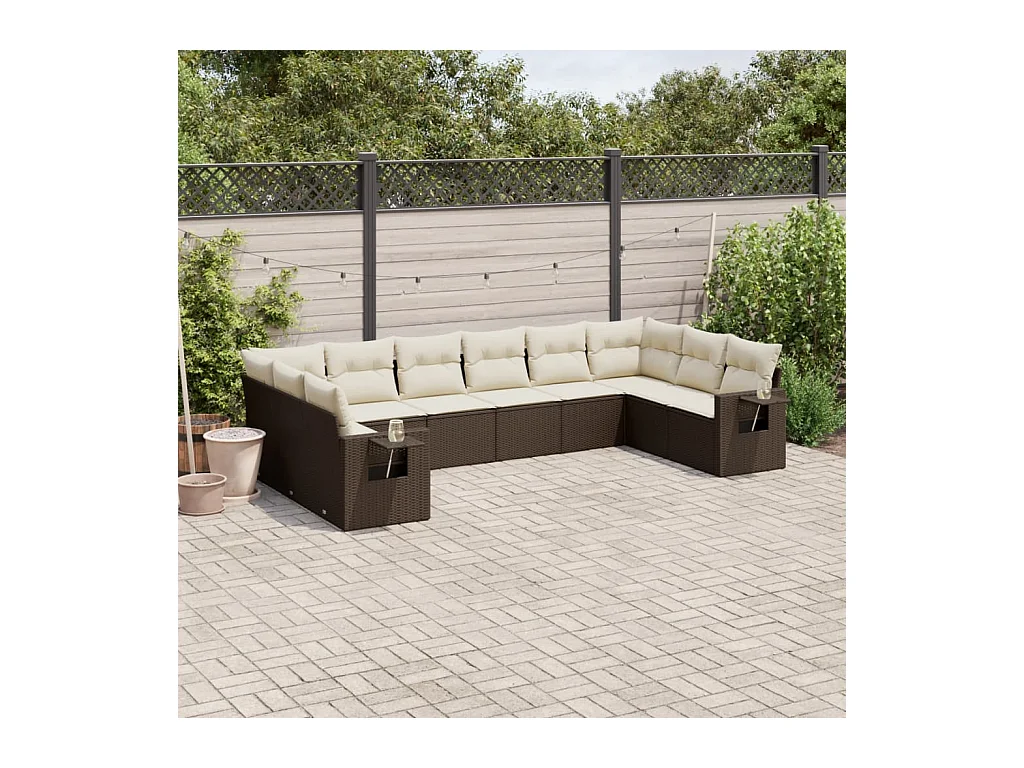 Set Divani da Giardino 10pz con Cuscini in Polyrattan Marrone