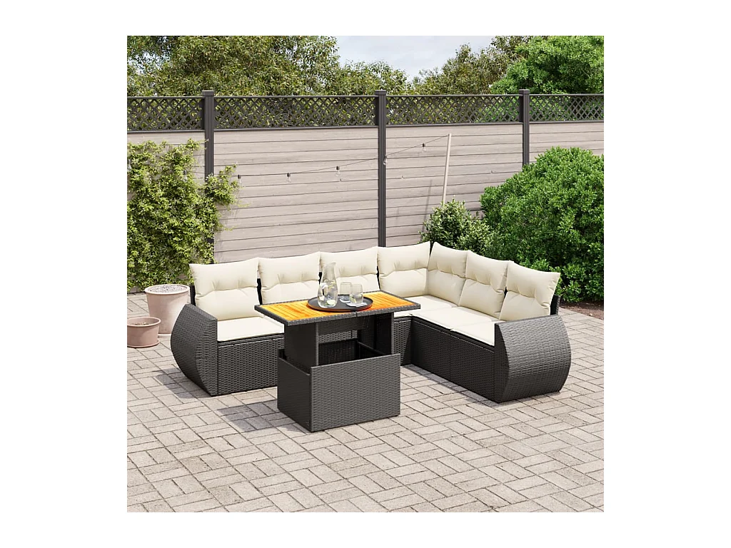 Salon de jardin 7 pcs avec coussins noir résine tressée