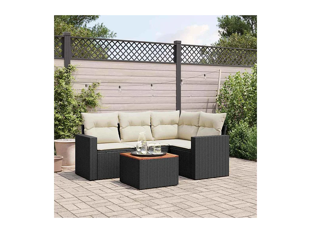 5-tlg. Garten-Sofagarnitur mit Kissen Schwarz Poly Rattan