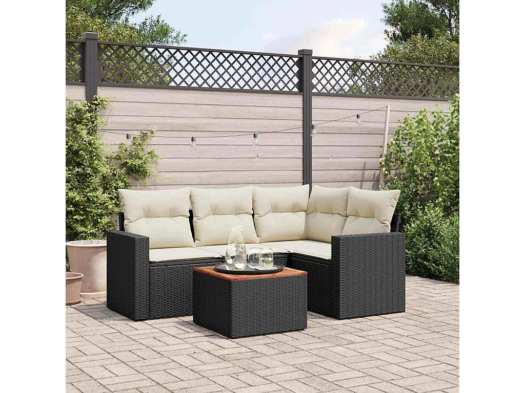 5 pcs conjunto sofás de jardim com almofadões vime PE preto