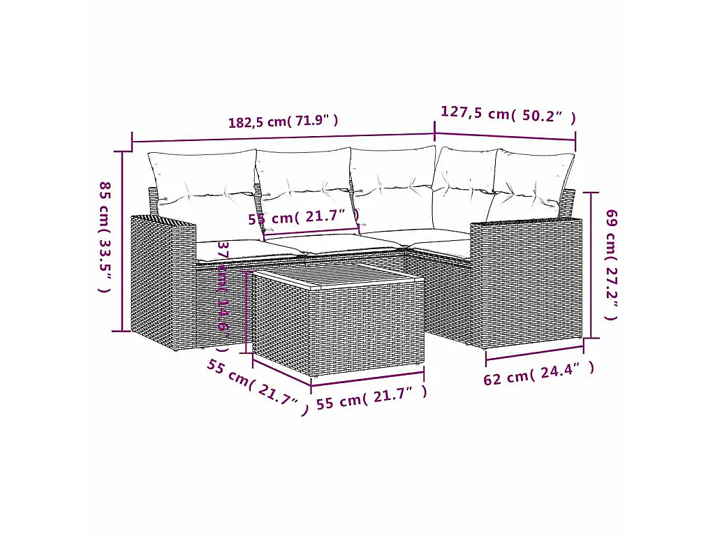 5 pcs conjunto sofás de jardim com almofadões vime PE preto