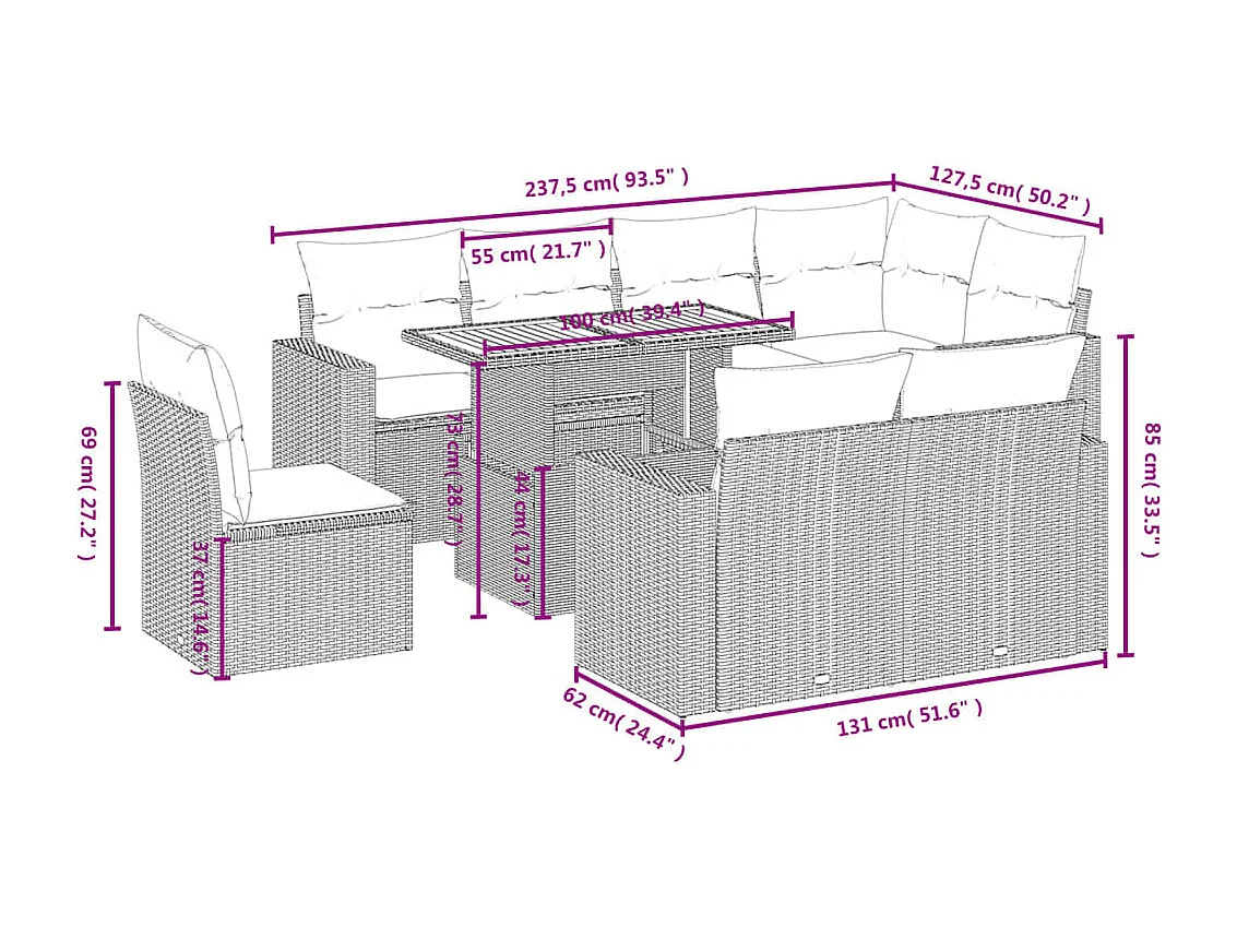 Salon de jardin 9 pcs avec coussins noir résine tressée