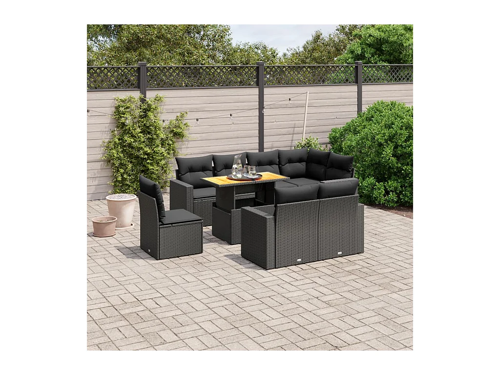 Salon de jardin 9 pcs avec coussins noir résine tressée