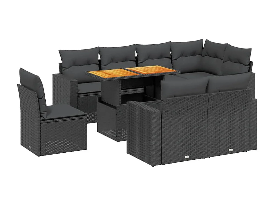 Salon de jardin 9 pcs avec coussins noir résine tressée