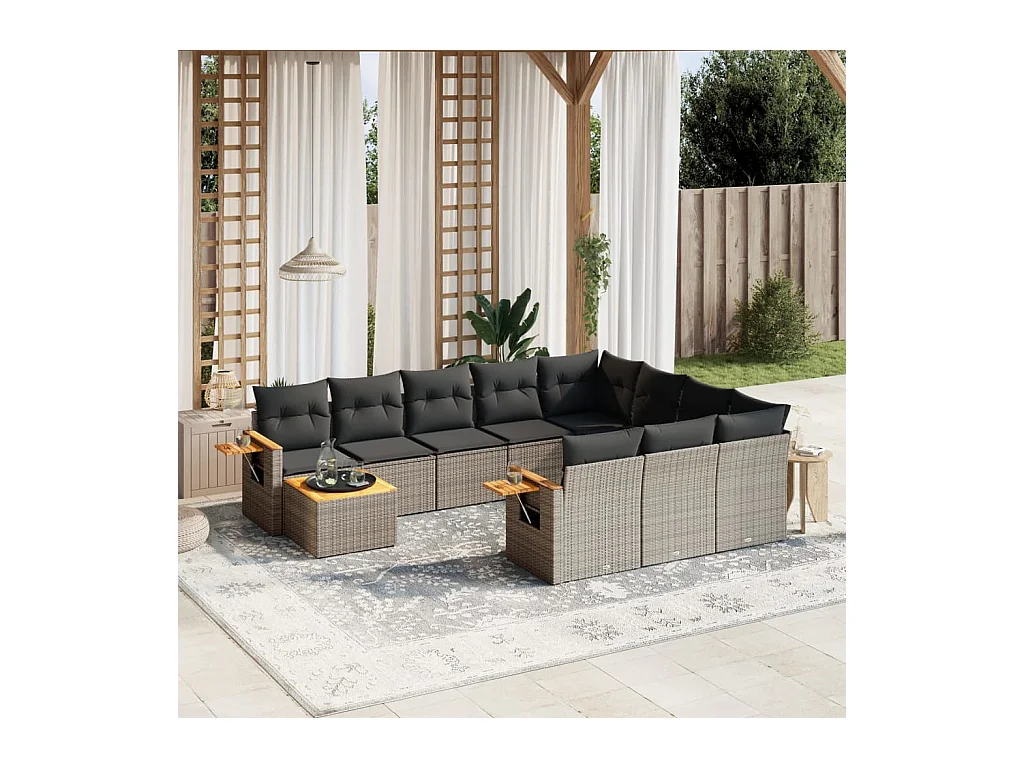 Salon de jardin 11 pcs avec coussins gris résine tressée