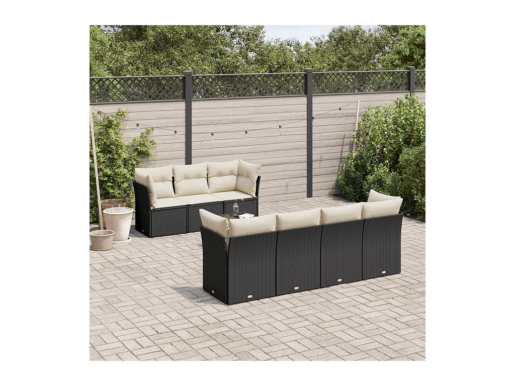 Salon de jardin 8 pcs avec coussins noir résine tressée