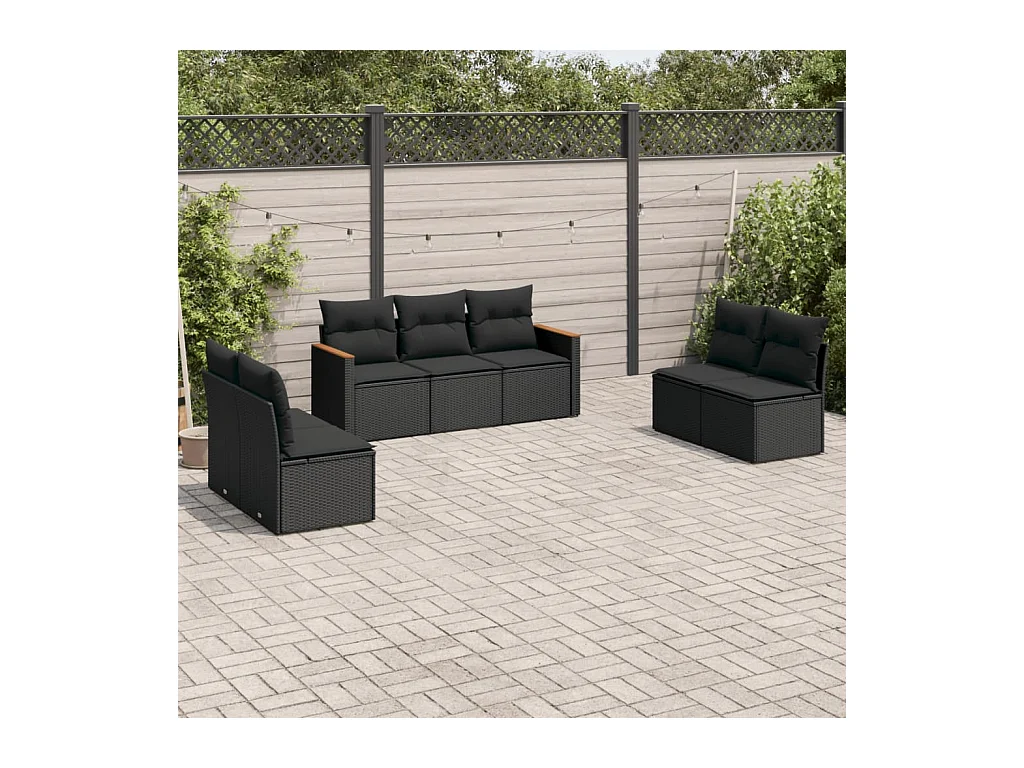 Salon de jardin 7 pcs avec coussins noir résine tressée