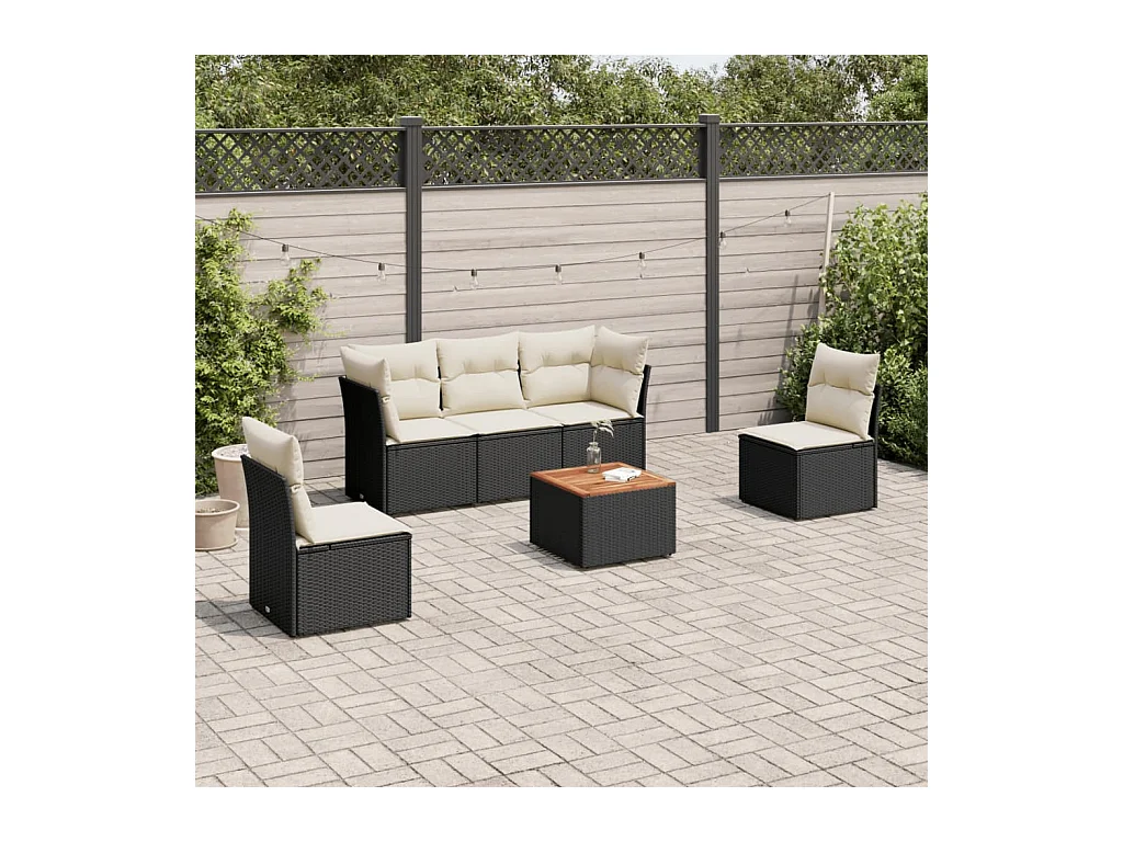 6-delige Loungeset met kussens poly rattan zwart