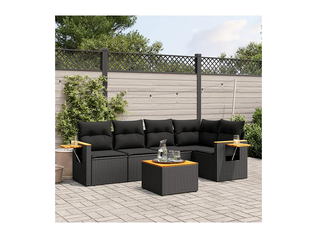 Salon de jardin 6 pcs avec coussins noir résine tressée