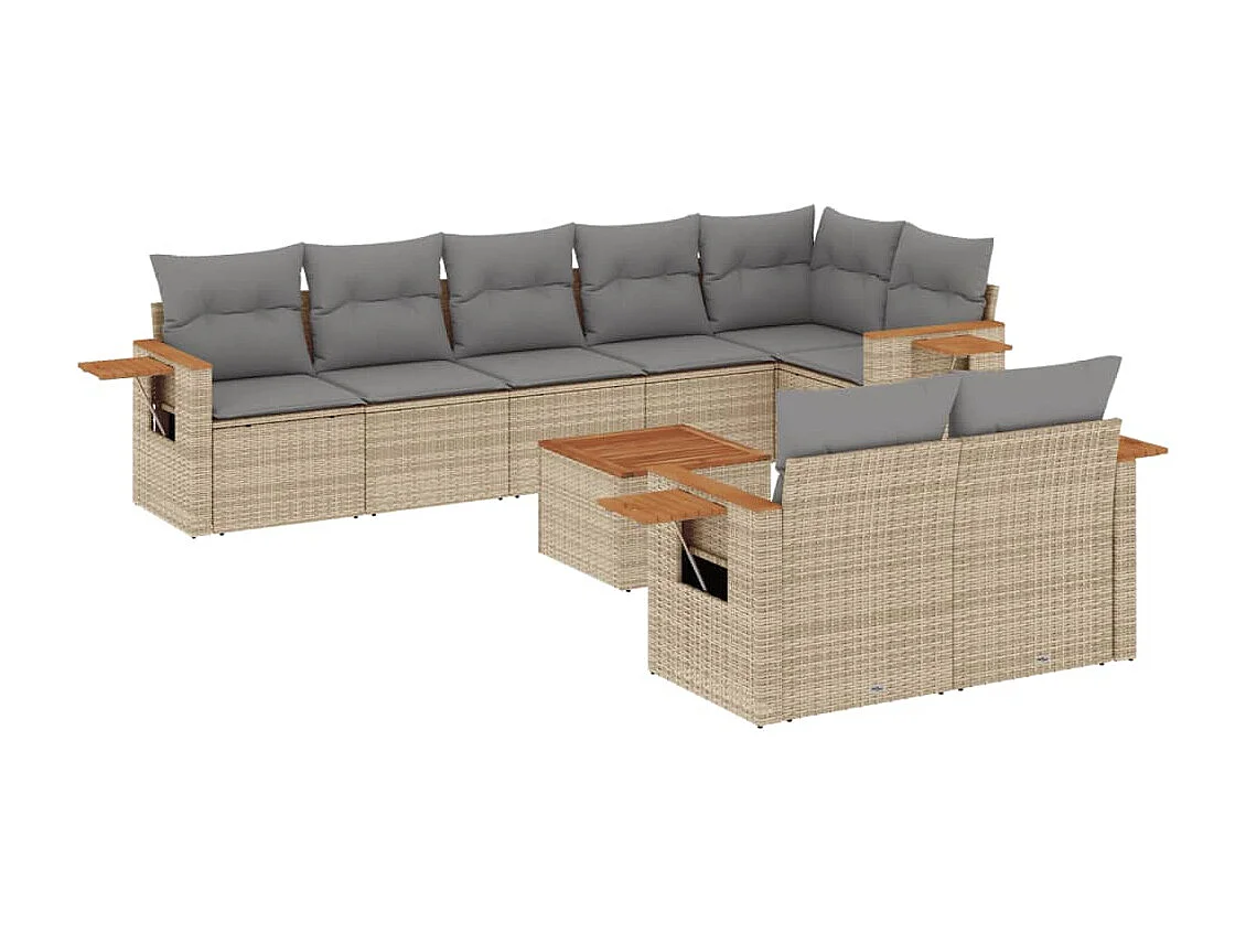 Set Divano da Giardino 9 pz con Cuscini Beige in Polyrattan