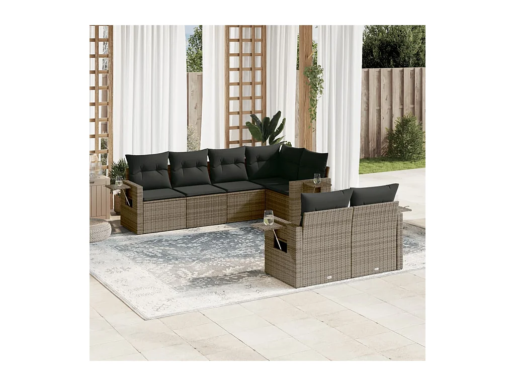 7-delige Loungeset met kussens poly rattan grijs