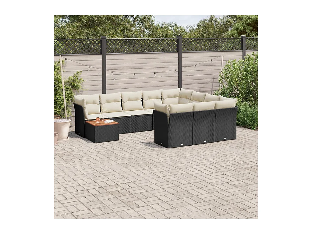 11-tlg. Garten-Sofagarnitur mit Kissen Schwarz Poly Rattan