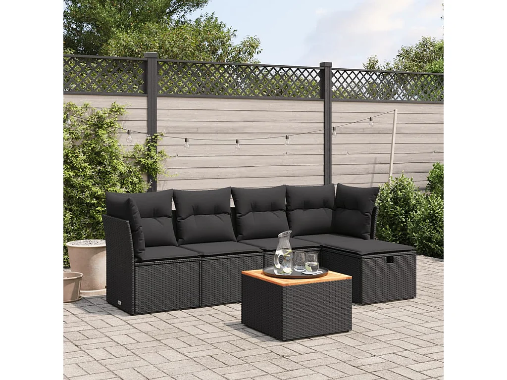 6-tlg. Garten-Sofagarnitur mit Kissen Schwarz Poly Rattan