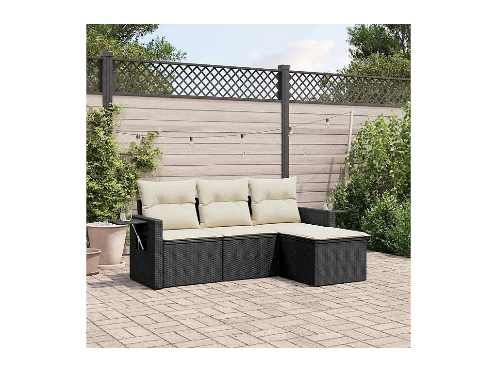 Salon de jardin 4 pcs avec coussins noir résine tressée