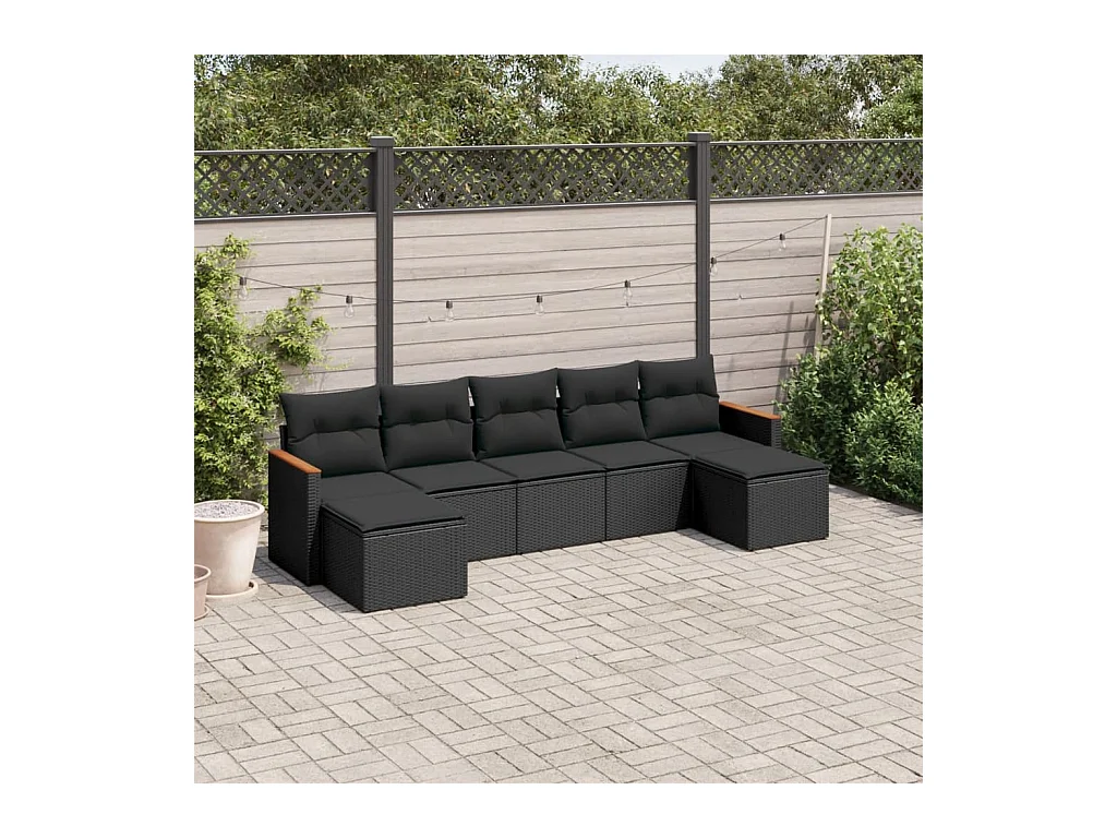 Salon de jardin 7 pcs avec coussins noir résine tressée