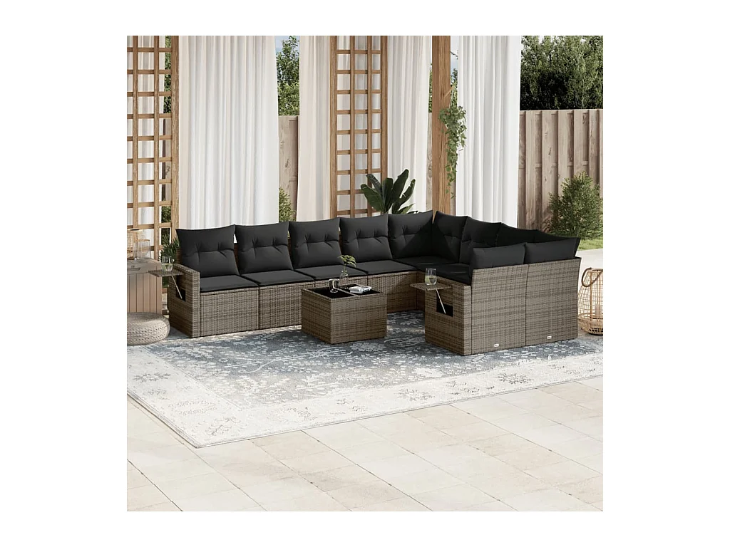 Salon de jardin avec coussins 10 pcs gris résine tressée