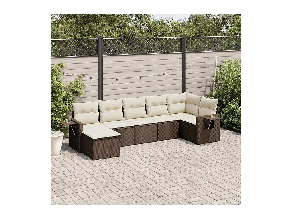 Set Divani da Giardino 7 pz con Cuscini Marrone in Polyrattan