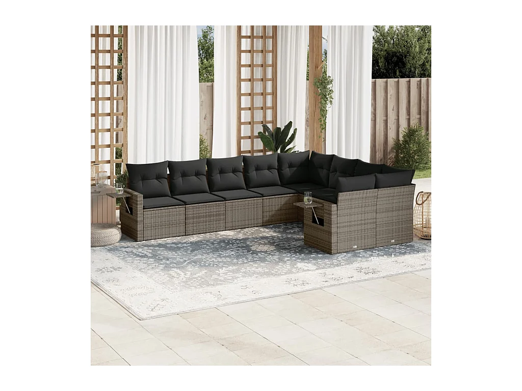 Salon de jardin 9 pcs avec coussins gris résine tressée