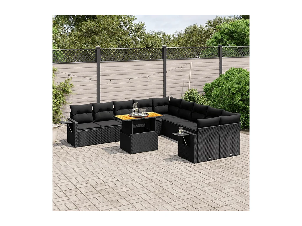 Salon de jardin 11 pcs avec coussins noir résine tressée