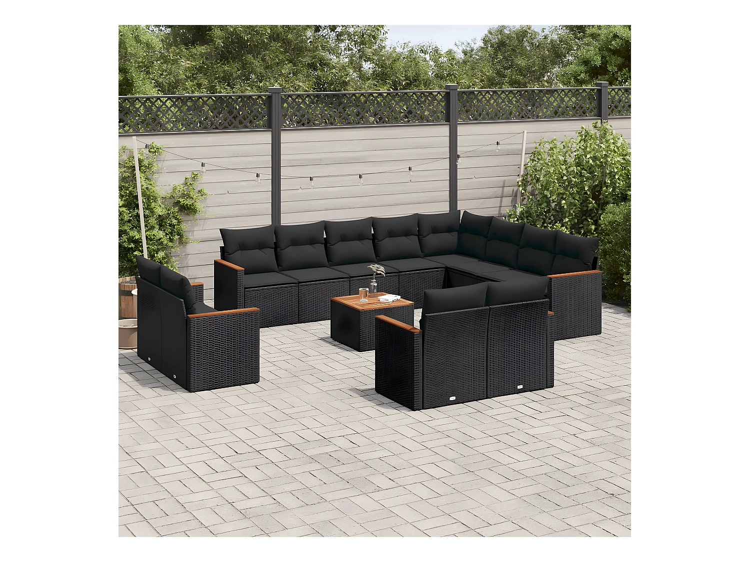 13-delige Loungeset met kussens poly rattan zwart