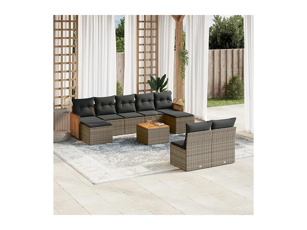 Salon de jardin avec coussins 10 pcs gris résine tressée
