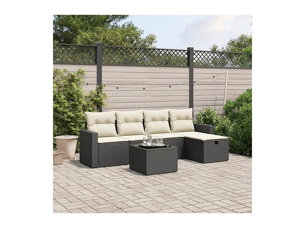 Set Divano da Giardino 6 pz con Cuscini Nero in Polyrattan