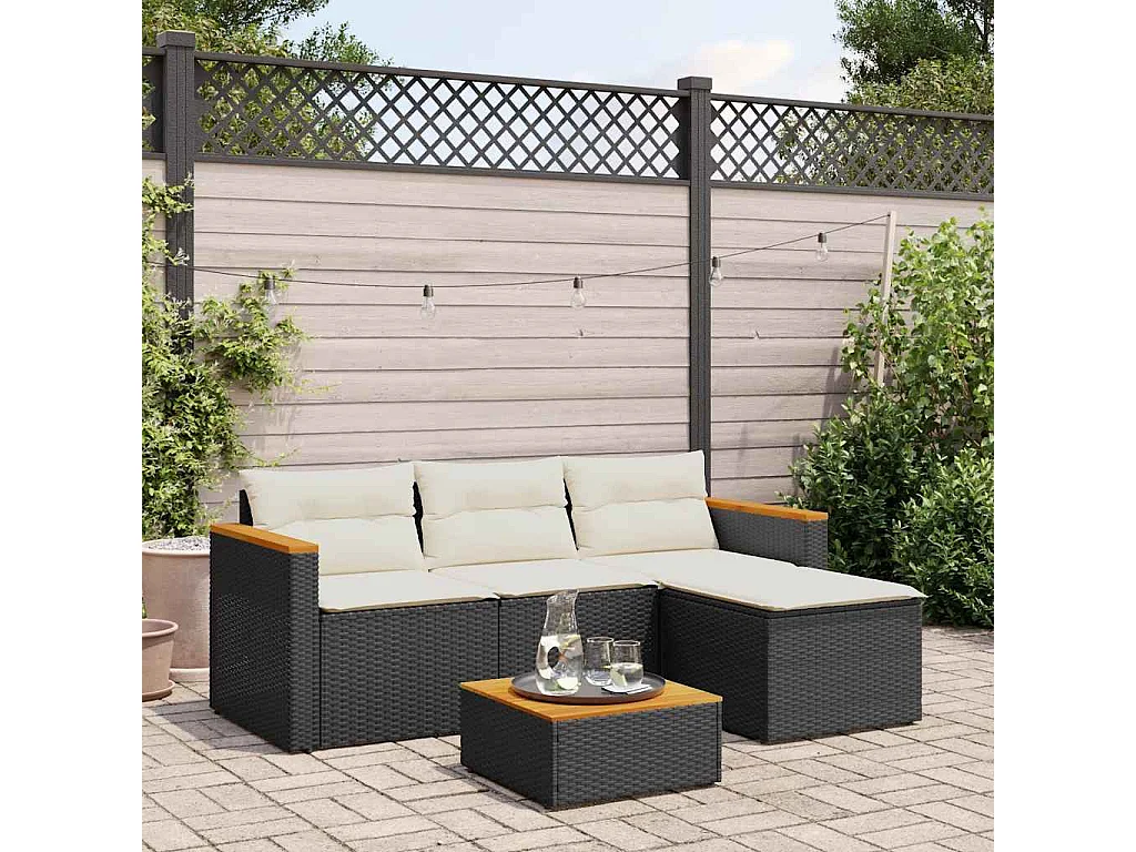 3-delige Loungeset met kussens poly rattan zwart