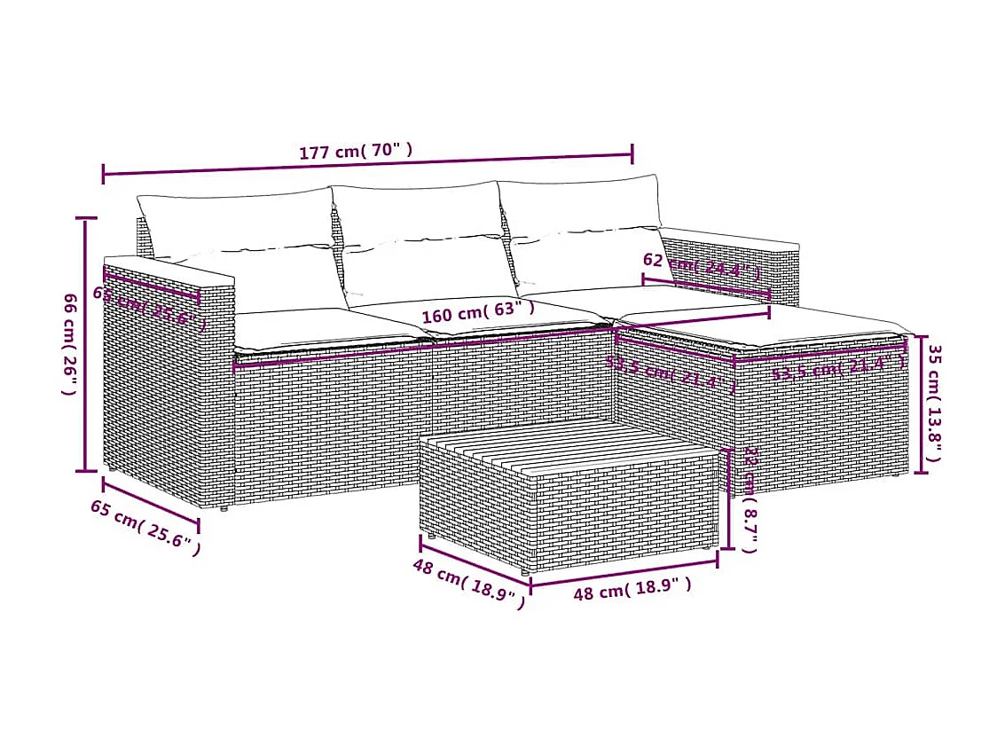 3-delige Loungeset met kussens poly rattan zwart