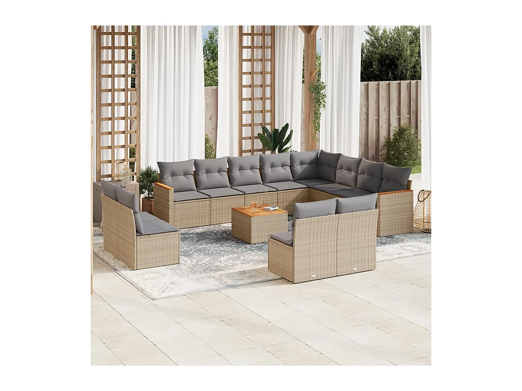 Salon de jardin et coussins 13 pcs mélange beige résine tressée