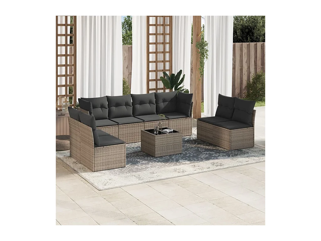 Set Divano da Giardino 9 pz con Cuscini Grigio in Polyrattan
