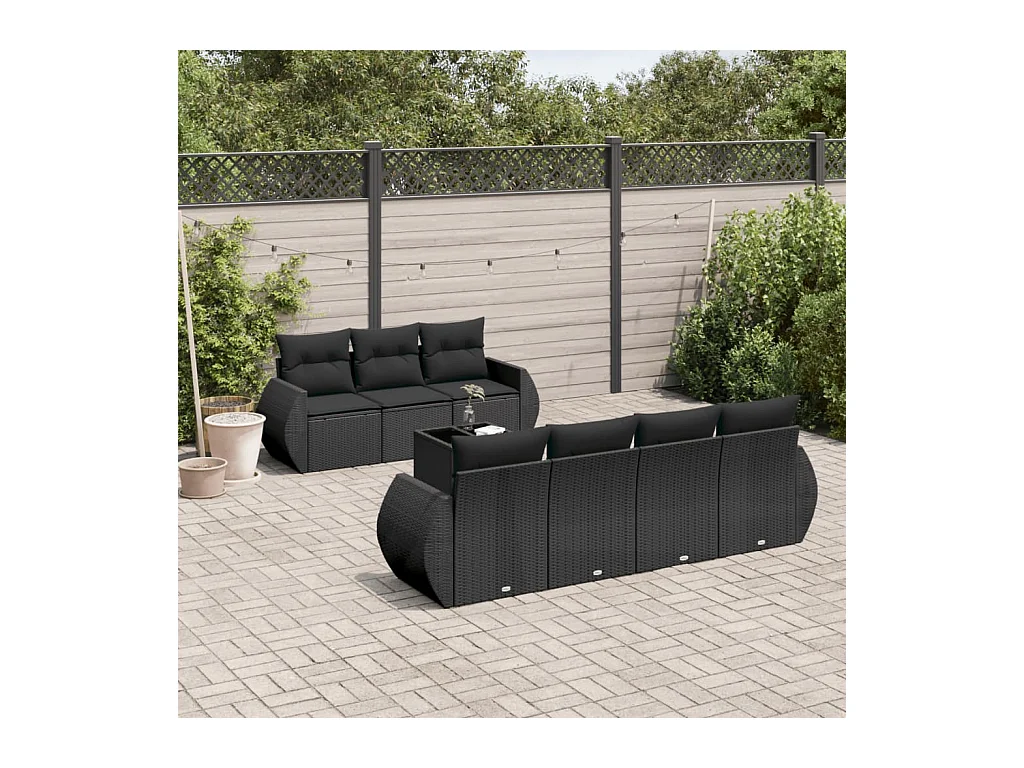 Set de sofás de jardín 8 piezas y cojines ratán sintético negro
